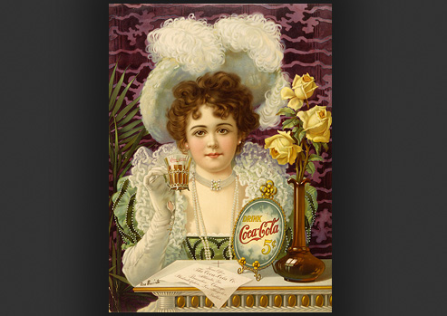 Woman with large feathered hat sipping on a glass of 5 cent Coca-Cola with yellow roses next to her.