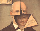 Cropped image of a man’s portrait with the paper cut across the face with lower right side peeled back, beneath which shows smiling young child.