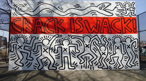 Graffiti of snake chasing figures at the top, with CRACK IS WACK written in the middle, and figures dancing at the base.