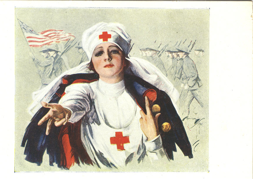 White female Red Cross nurse reaching out to viewer, American soldiers marching behind nurse.