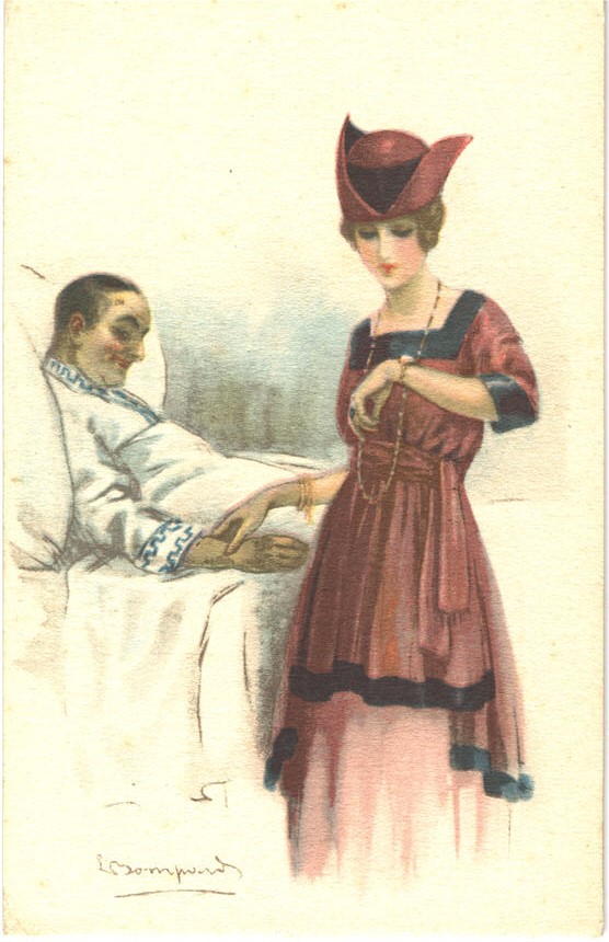 A White female nurse taking the heart rate of a White male lying in bed.
