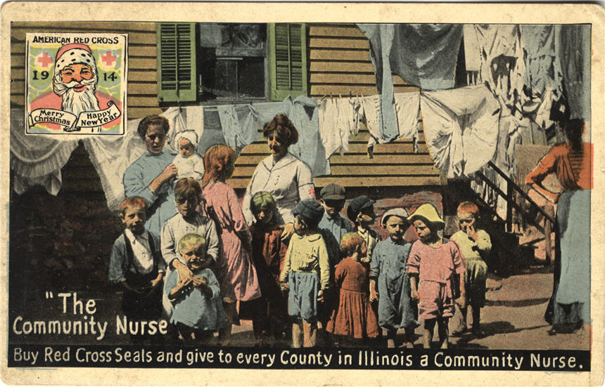 A White female community nurse outside a house surrounded by White children and women.