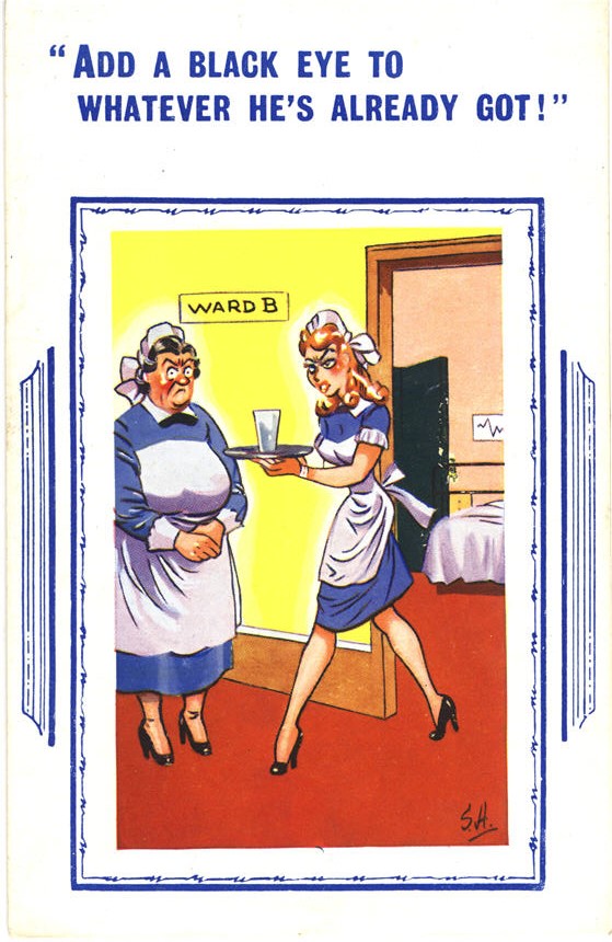 An attractive White female nurse leaving a patient's room speaking to a matronly White female nurse.