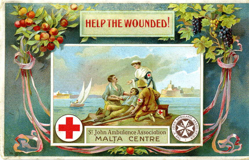 A White female nurse tends to a wounded White male soldier along with another soldier and a medic.