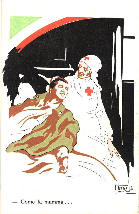Elderly White female Red Cross nurse seated and cradling a White male soldier in bed.