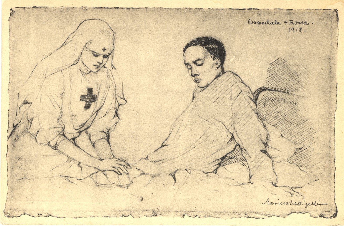 A White female nurse tending to the wounded leg of a White male in bed who is sitting up.