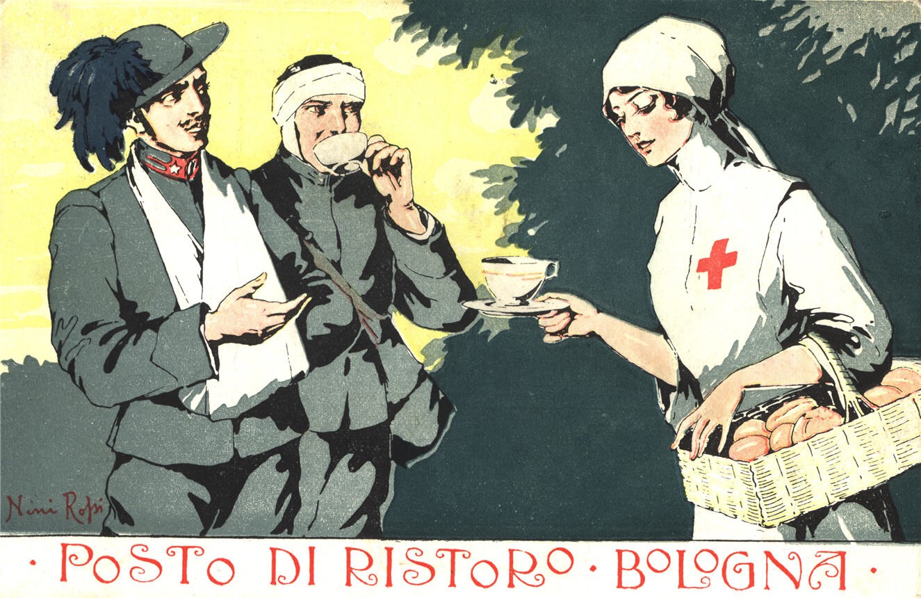A White female Red Cross nurse giving coffee and bread to wounded White male soldiers.