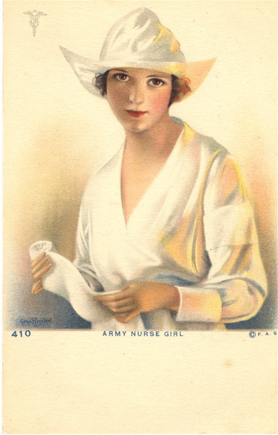 White female nurse dressed in white, holding bandage and looking at viewer.