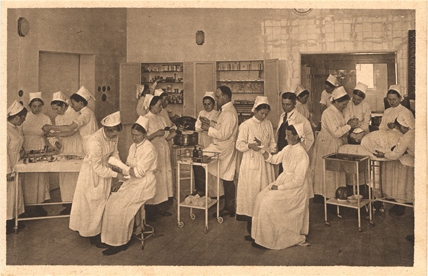 Group of White female nursing students practicing medical techniques on each other.