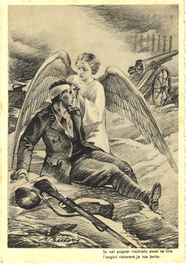 White female angel tending to wounded White male soldier on battlefield, with cannon in background.