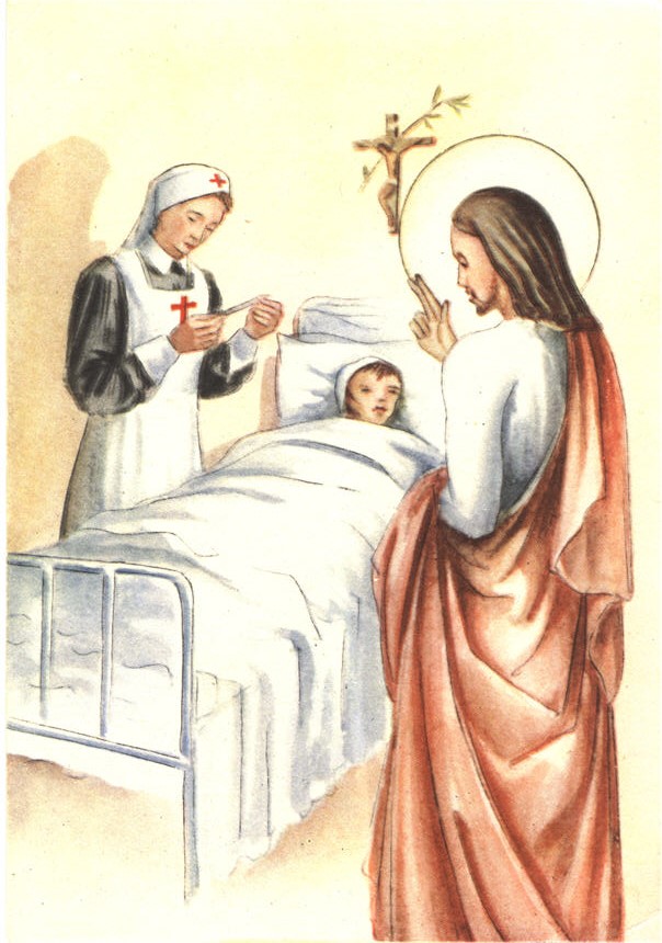 A White religious figure blesses a White child in bed as a White female nurse takes the child's temperature.