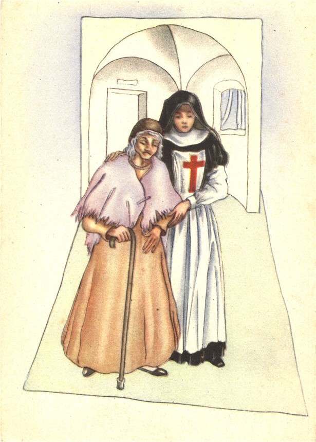 A White nursing nun helping an elderly White woman walk with a cane in a hallway.