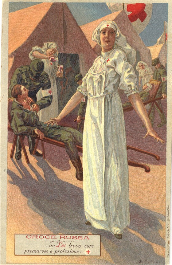 A White female nurse at a field hospital in front other soldiers being treated by nurses.
