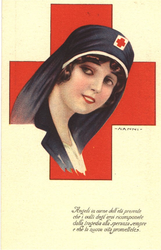 A White female nurse looking to the left, with only head visible, in front of the Red Cross symbol.