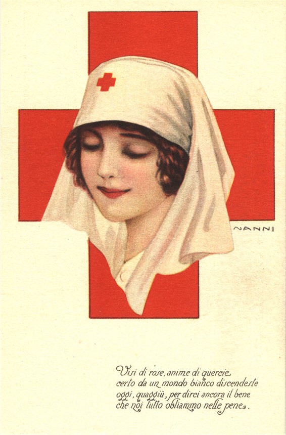 A White female nurse with eyes closed and only head visible, in front of the Red Cross symbol.