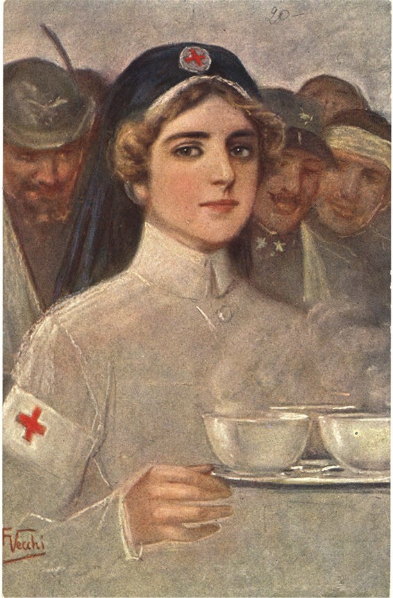 White female nurse holds steaming beverages, behind are White soldiers smiling at her.