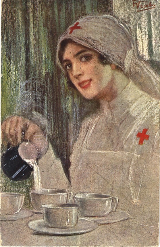 A White female nurse smiles at the viewer as she pours white cream into coffee.