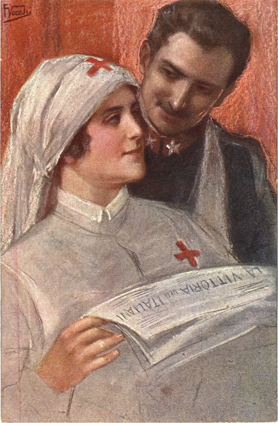 A White female nurse reads a newspaper, as a wounded White male soldier smiles over her shoulder.