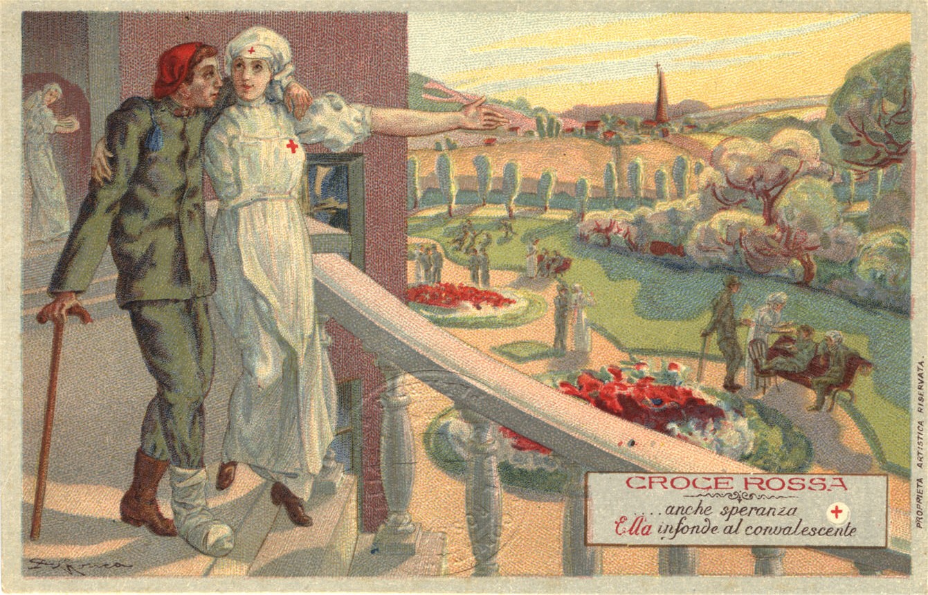 A White female nurse supports a wounded White male soldier using a cane on a balcony.