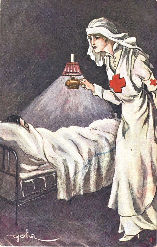A White female nurse checks in on a sleeping White patient using a lamp.