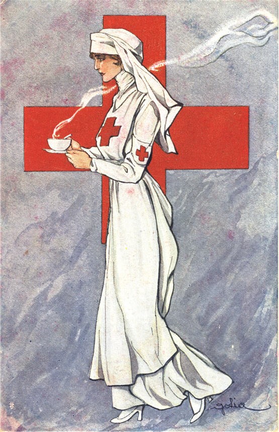 A White female nurse carries a steaming beverage, Red Cross symbol in background.
