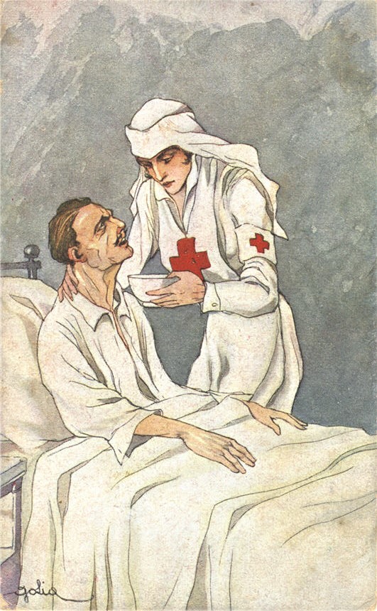 A White female nurse holds a cup of soup to a wounded White male soldiers mouth.