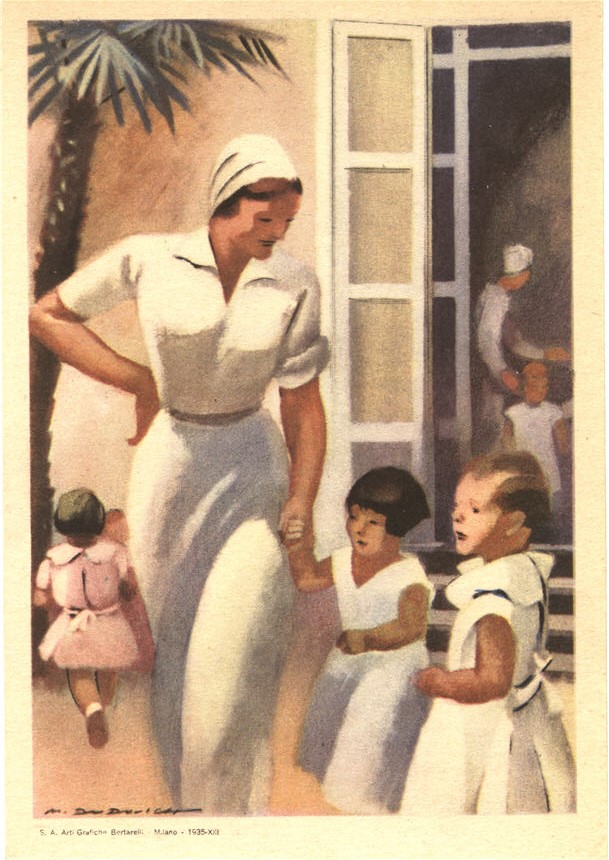 A White female nurse in white walks outside with two White girls in her care.