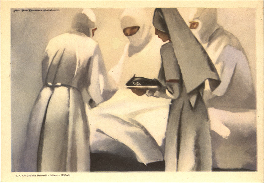 A White female nurse in white assists three White male doctors surgical scrubs.
