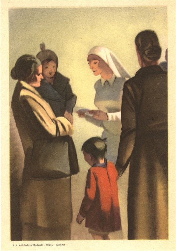 A White female nurse in white talks with two White mothers with their children.