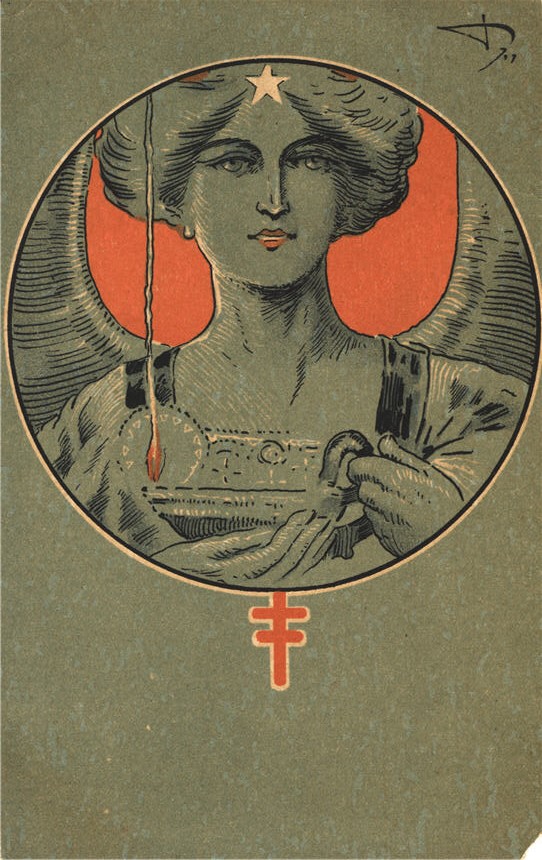 A White woman with wings holds the Nightingale lamp.