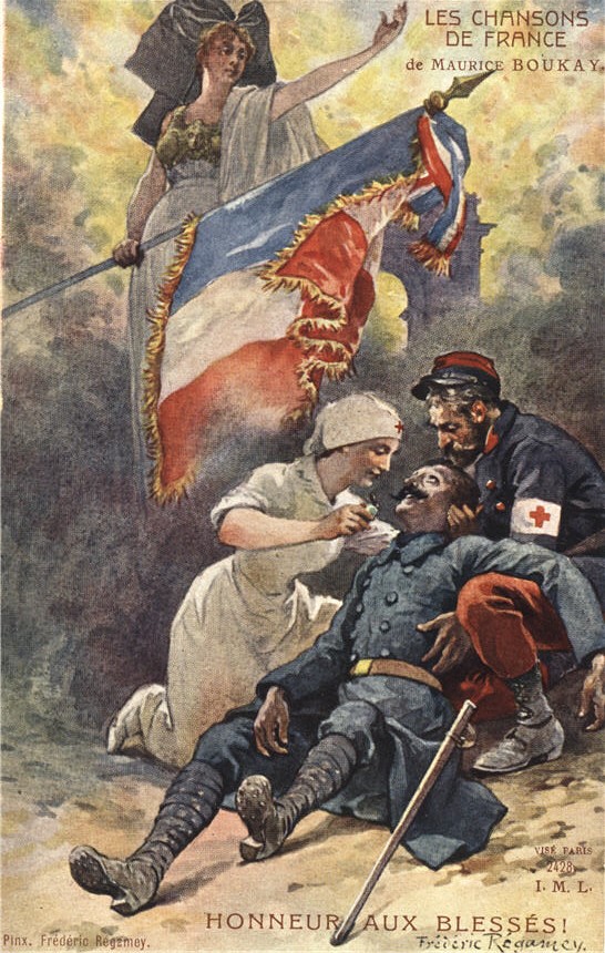 A White female nurse tends to a wounded White soldier, a woman in armor behind holds French flag.