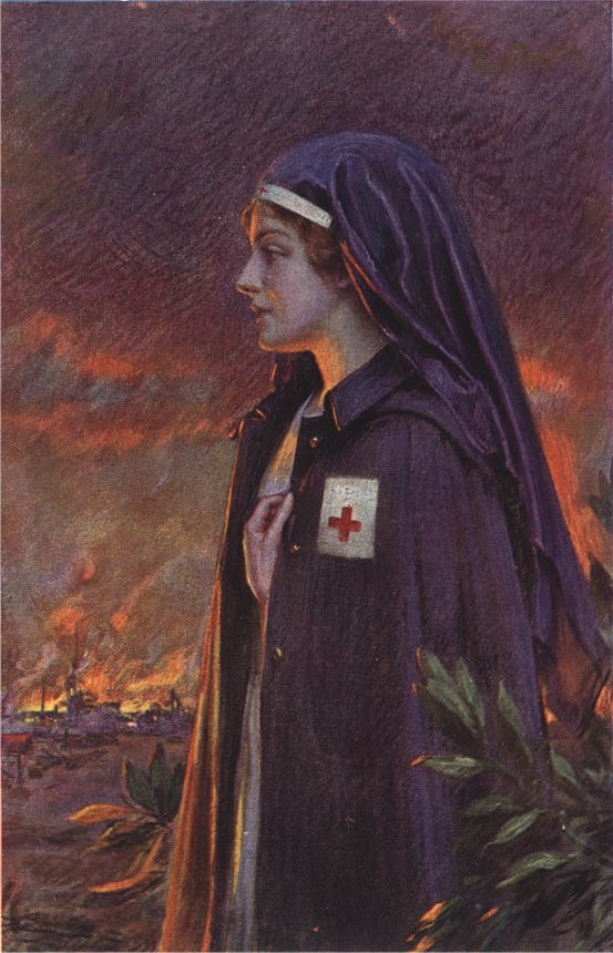 A White female nurse in blue looking at a distant fiery battlefield.