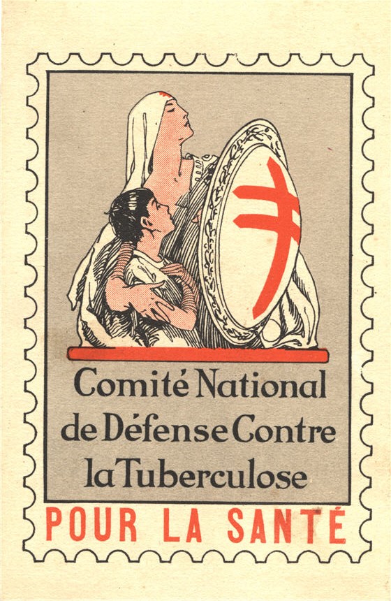 A White female nurse holding a shield with the red Cross of Lorraine, holding a young White boy.