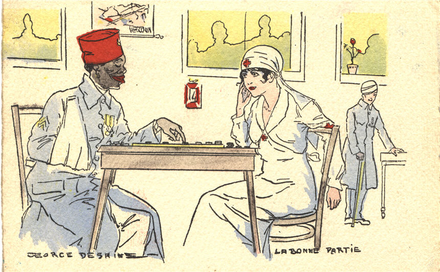 A wounded African colonial soldier plays checkers with a White female nurse.