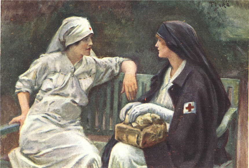 Two White female Red Cross nurses talking on a bench outside. One wears a cloak and holds packages.