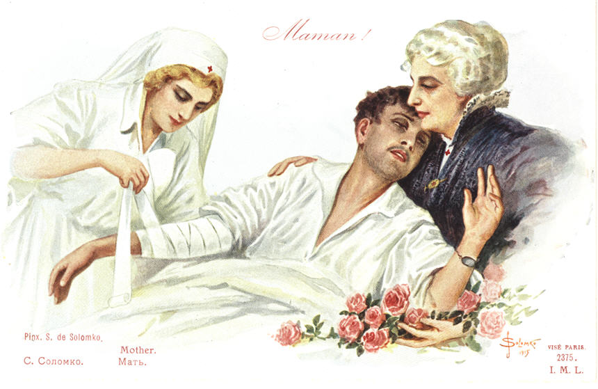 A White female nurse bandaging the arm of a White male in bed as an older White woman cradles him.