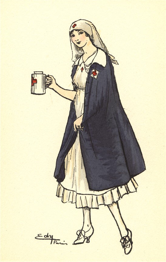 A White female Red Cross nurse in a blue cloak carrying a thermos with the Red Cross symbol.