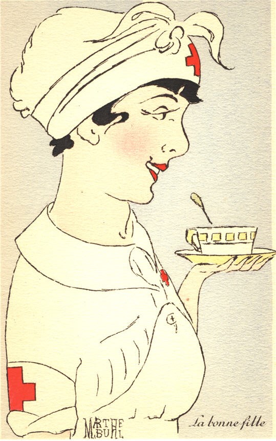 The profile of a White female Red Cross nurse in white, smiling and holding a cup.