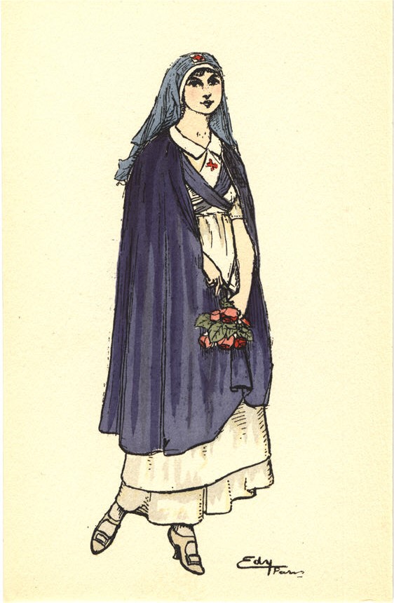 A White female Red Cross nurse in a blue cloak and head covering, holding flowers.
