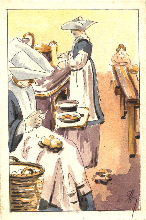 Two White Catholic women nurses preparing food, another White woman sits at a table in Back:ground.