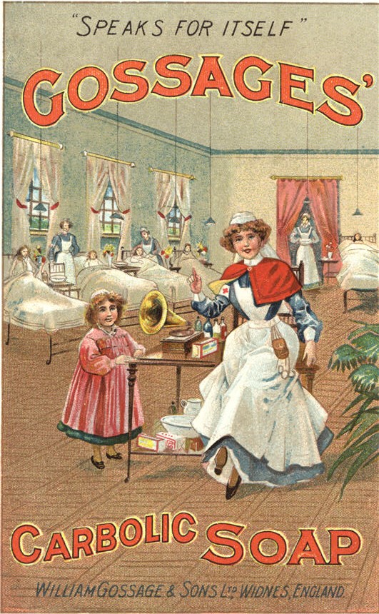 White female nurse next to gramophone with a White girl in a ward with five patients in beds behind.
