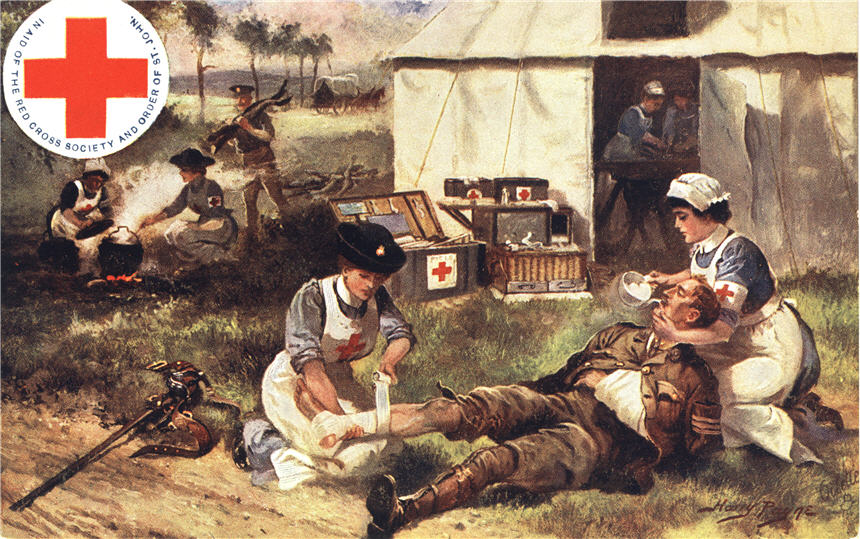 Two White female nurses in white and blue tending to wounded White male soldier at a field hospital.