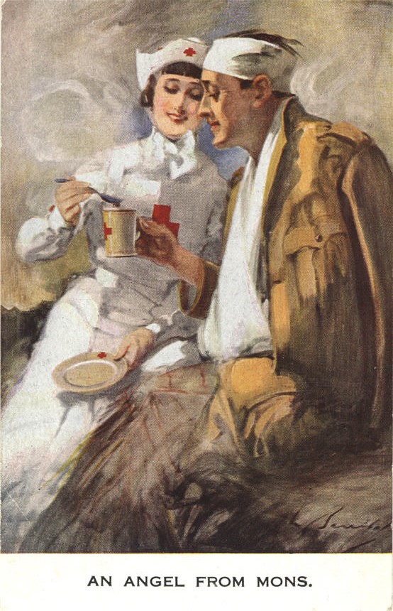 A White female Red Cross nurse in white, serving soup to a wounded White male solder.