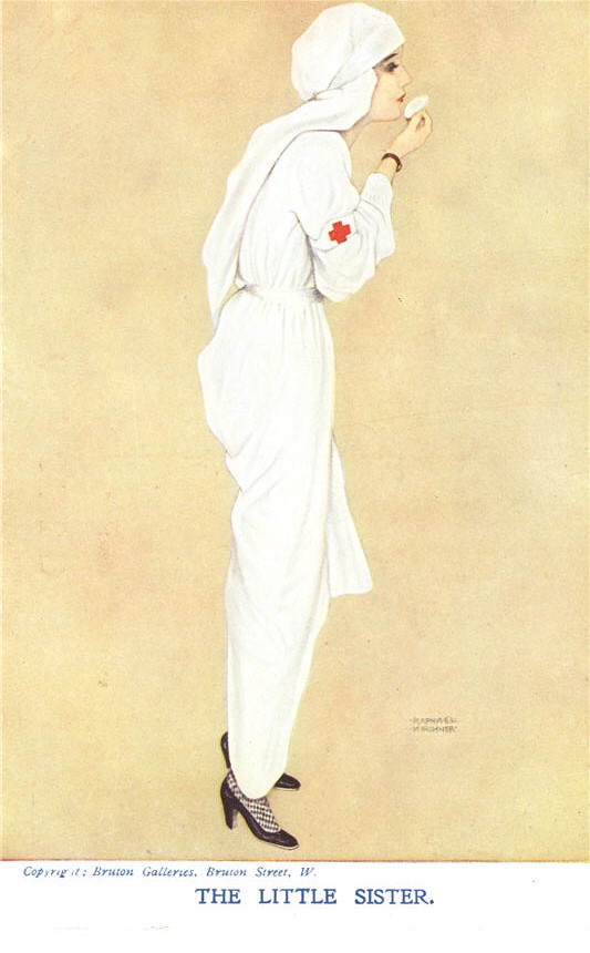 A White female Red Cross nurse in white turned to the right powdering her face.