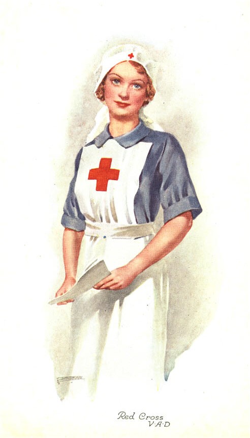 A White female Red Cross nurse in blue and white holding a piece of paper in her hands.