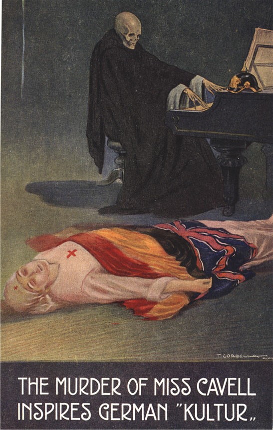 A dead White female Red Cross nurse (Edith Cavell) on the ground while Death plays the piano.