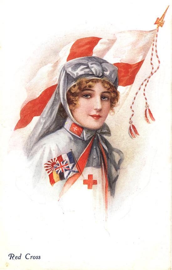 A White female nurse with multiple flags from the allied Entente countries displayed on her chest.