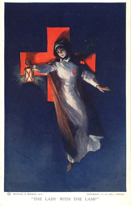 A White female nurse holding out a lamp with her right arm, in Front: of the Red Cross symbol.