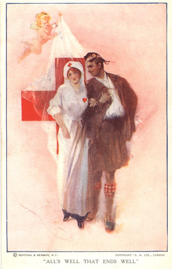 A White female nurse supporting a Scottish male soldier, Cupid flies above them.