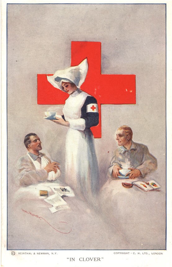 A White female nun nurse serving a hot beverage to two wounded White male soldiers in bed.